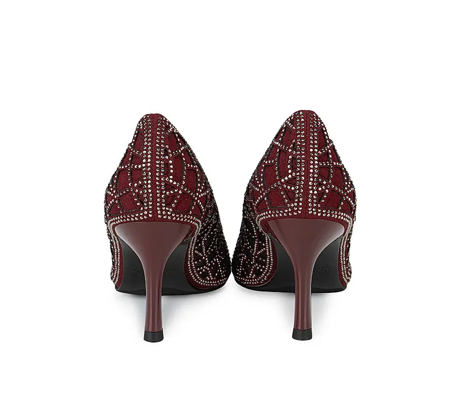 Burgundy Mesh Embellished Heels