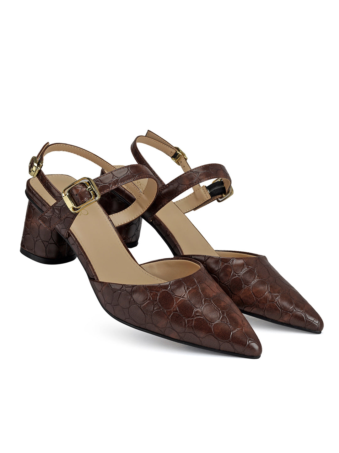 Brown Croco Textured Block Heels