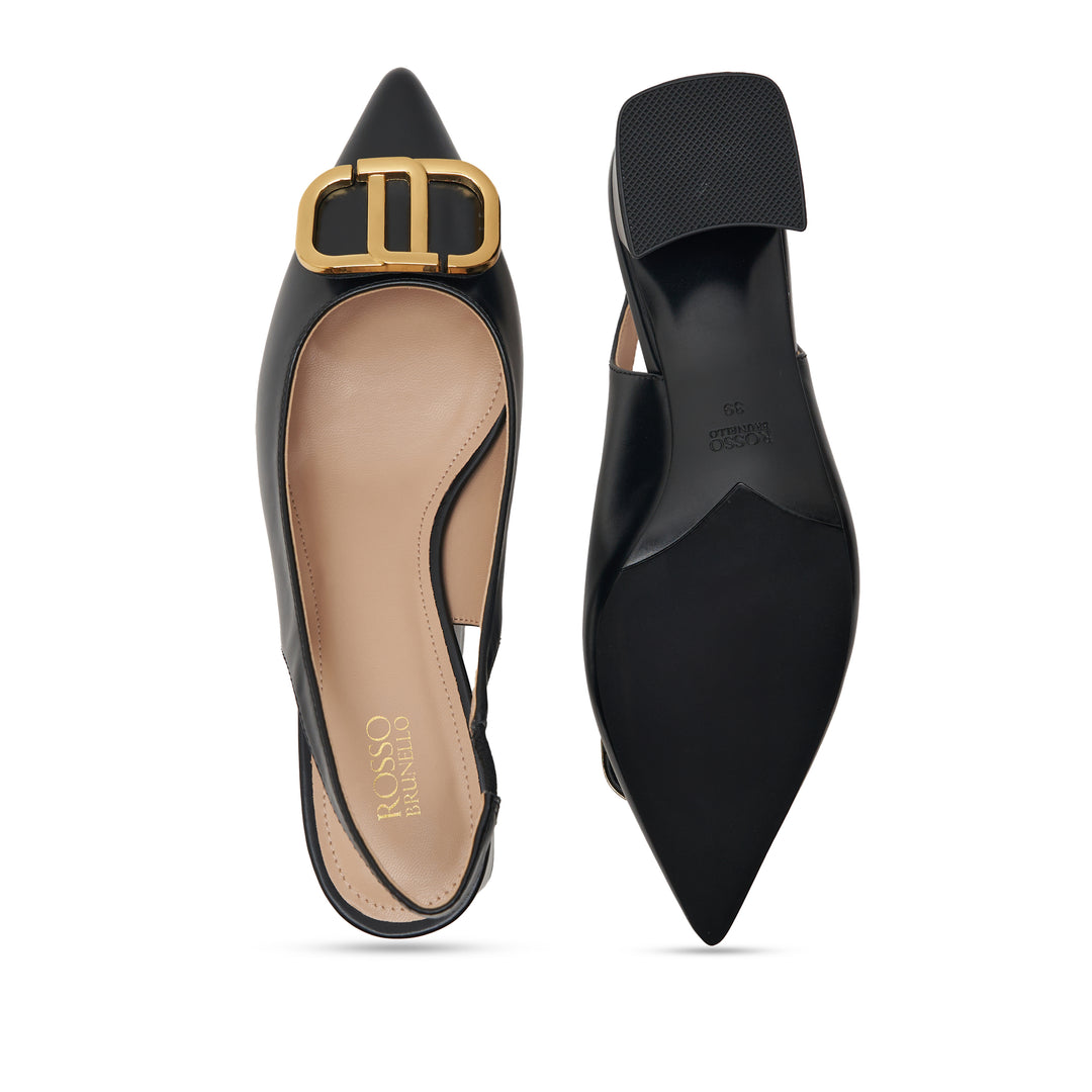 Black Slingback Pumps With Gold Embellishment