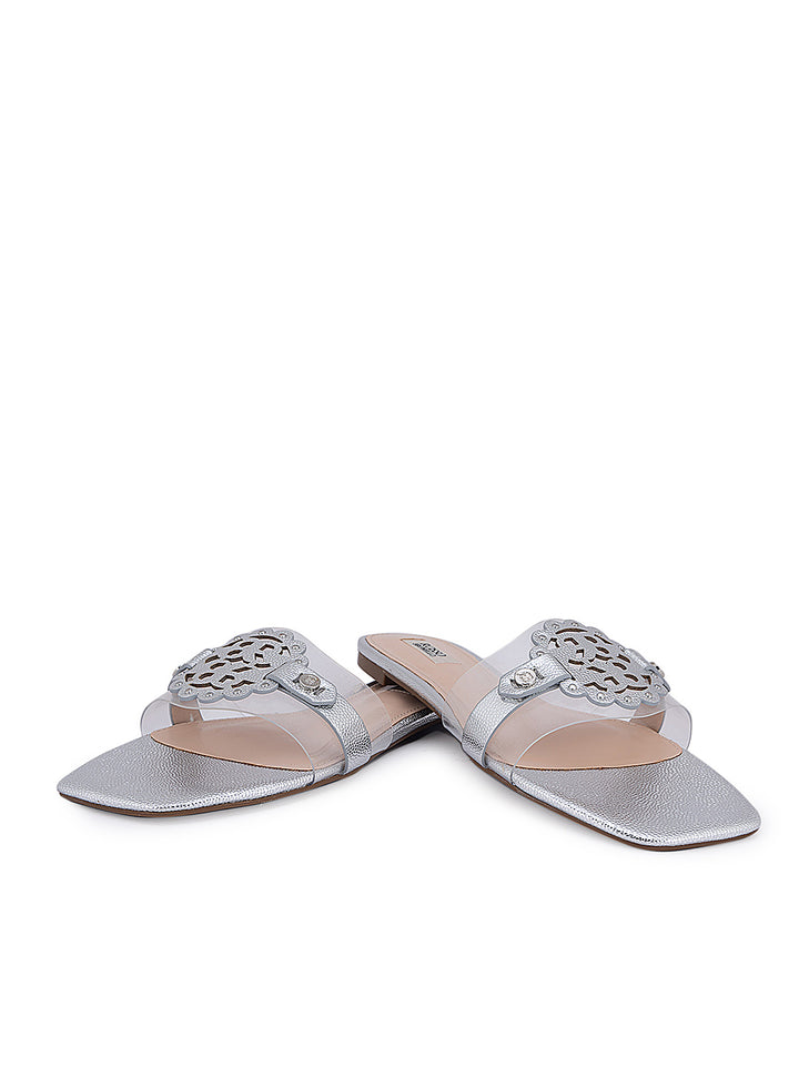 Silver Textured Logo Flats