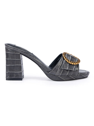 Grey Croco Textured Block Heel