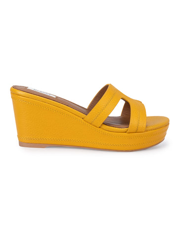 Mustard Textured Leather Wedges