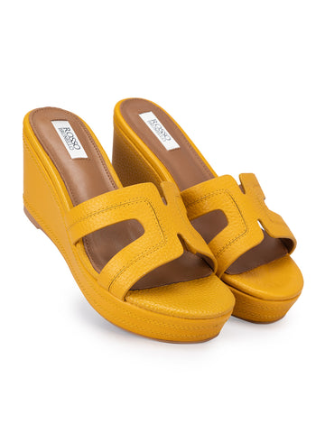 Mustard Textured Leather Wedges