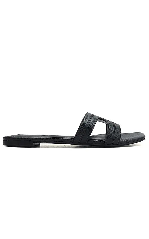 Black Textured Leather Sliders