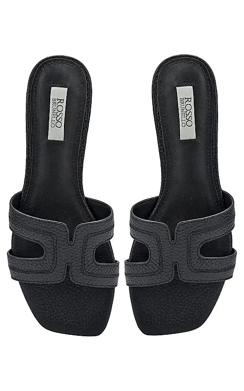 Black Textured Leather Sliders