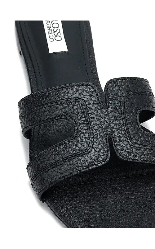 Black Textured Leather Sliders