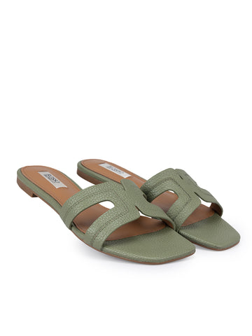Green Textured Leather Sliders