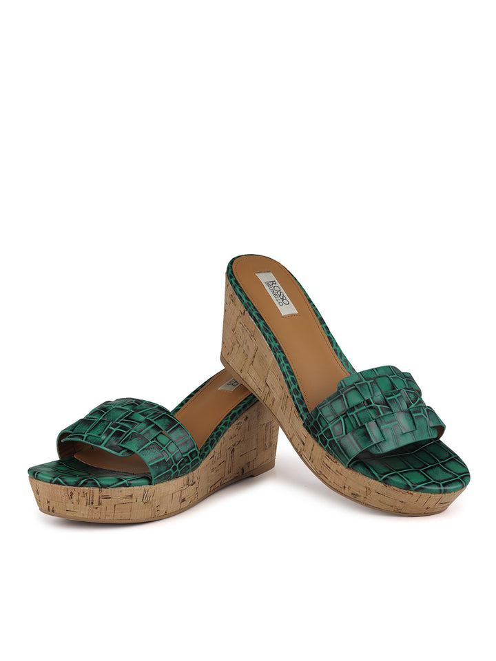 Green Textured Leather Wedges