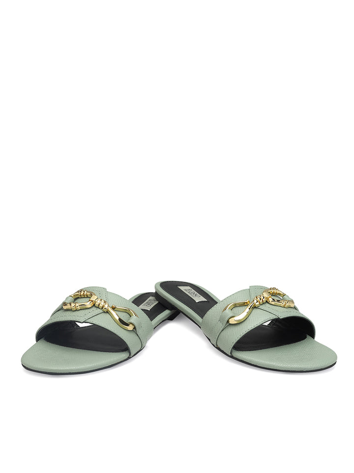 Jade Leather Flats With Buckle