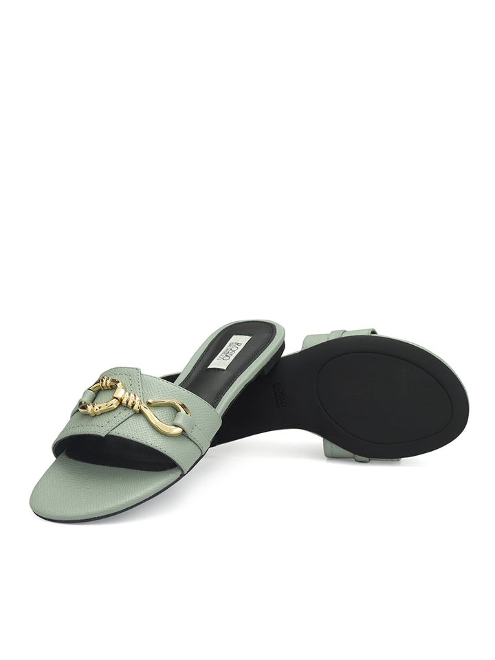 Jade Leather Flats With Buckle