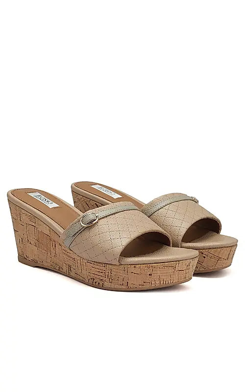 Beige Textured Leather Wedges