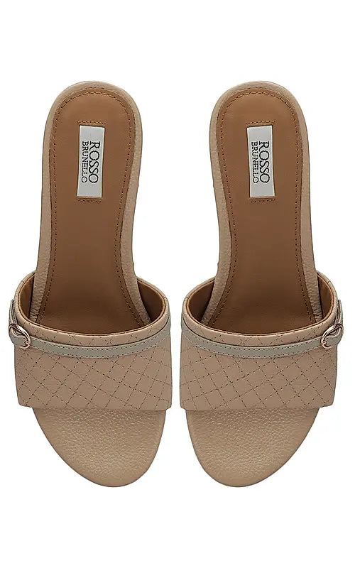 Beige Textured Leather Wedges