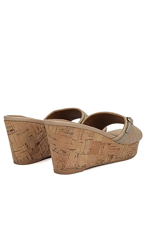 Beige Textured Leather Wedges