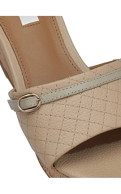 Beige Textured Leather Wedges