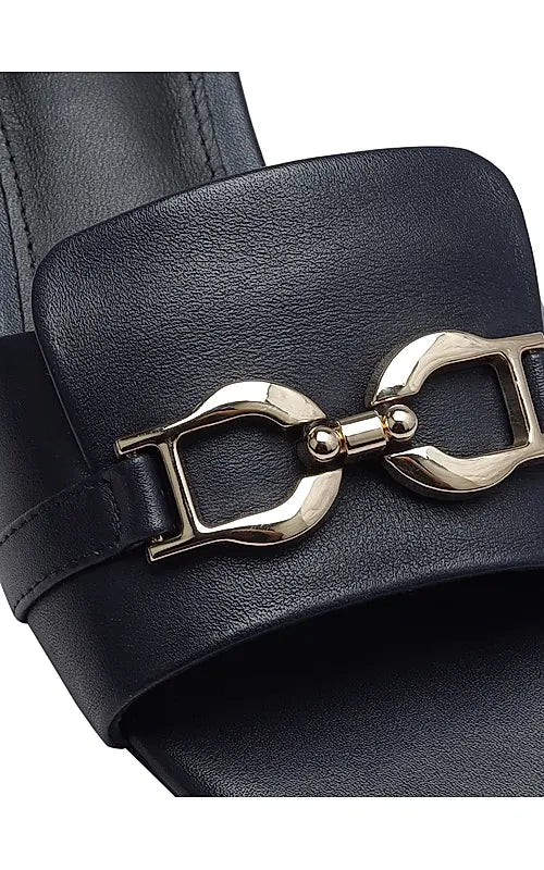 Navy Block Heels With Buckle