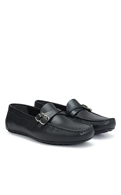 Black Plain Leather Moccasins