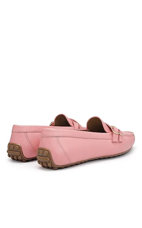 Pink Plain Leather Moccasins
