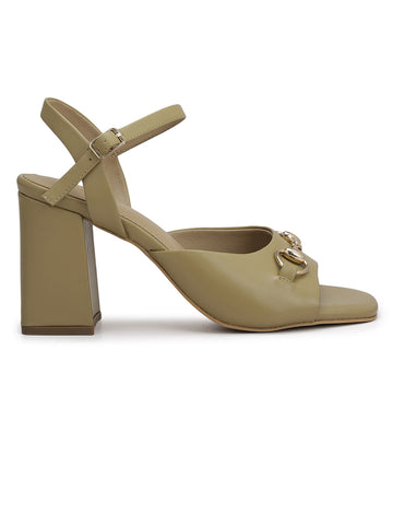 Beige Buckle Embellished Block Heels