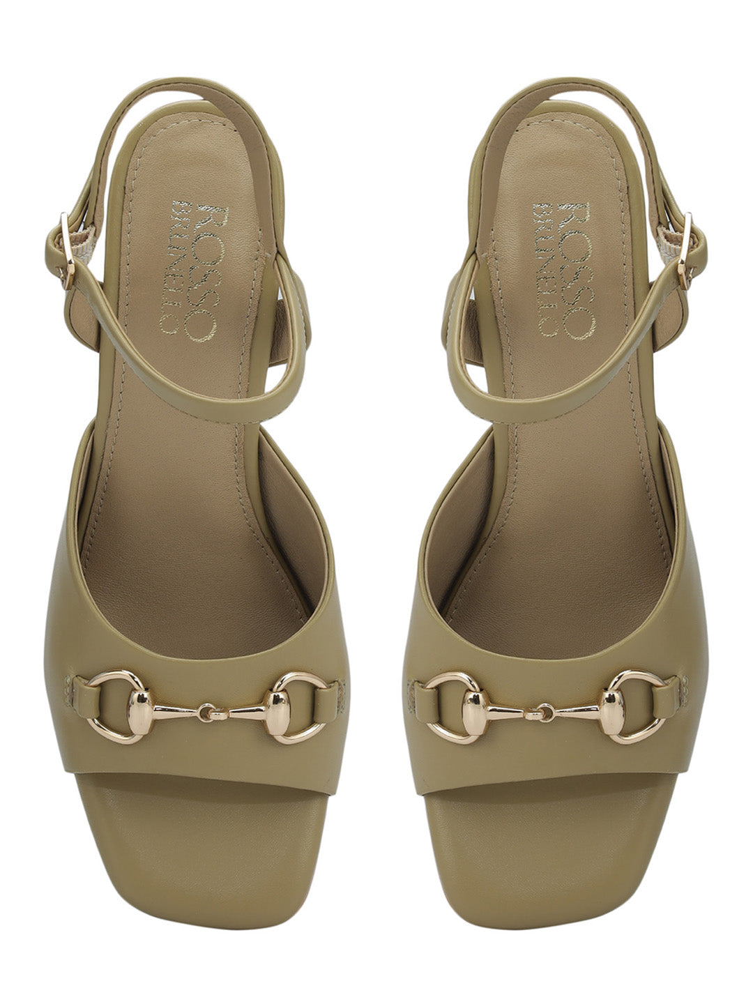 Beige Buckle Embellished Block Heels