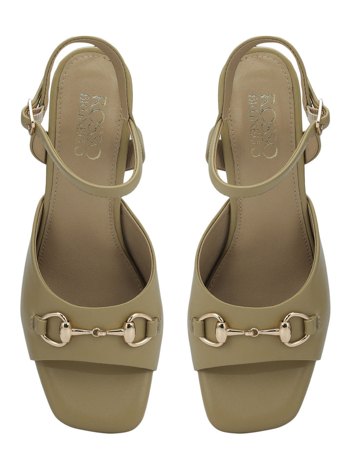 Beige Buckle Embellished Block Heels