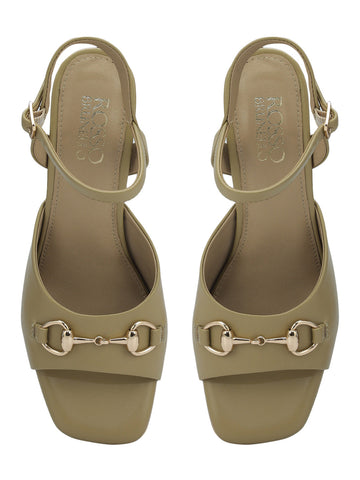 Beige Buckle Embellished Block Heels