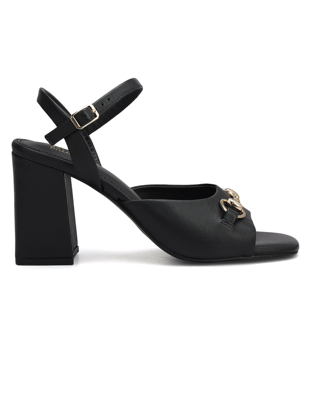 Black Buckle Embellished Block Heels
