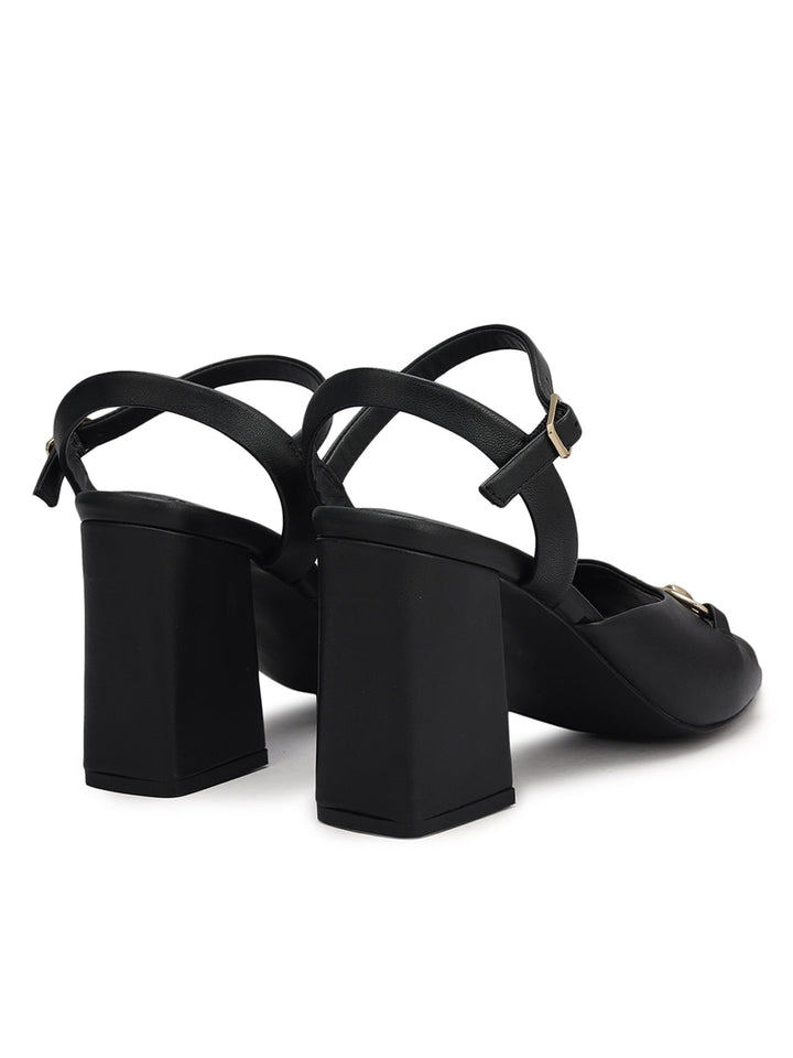 Black Buckle Embellished Block Heels
