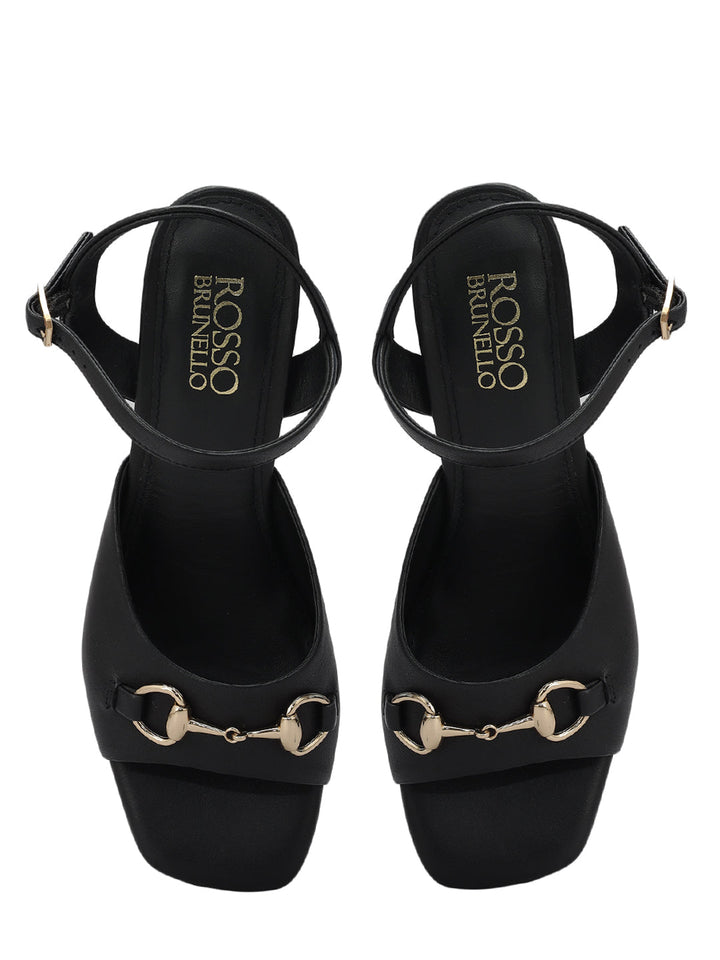 Black Buckle Embellished Block Heels