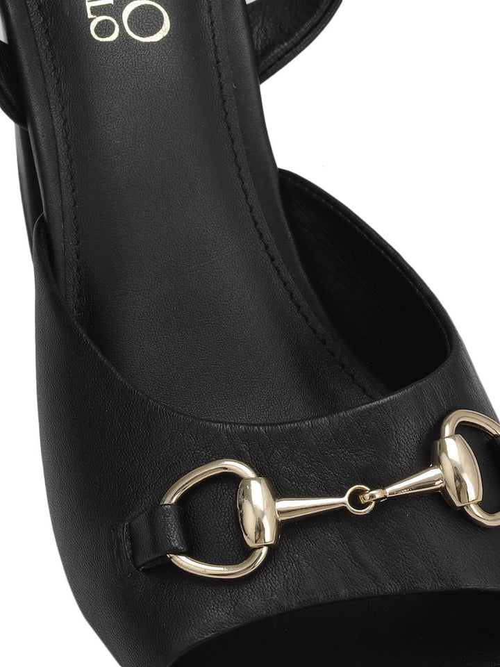 Black Buckle Embellished Block Heels