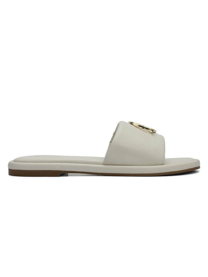 White Sliders With Logo Buckle