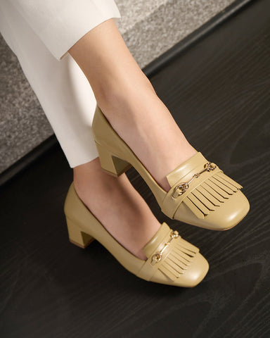Beige Block Heels With Buckle