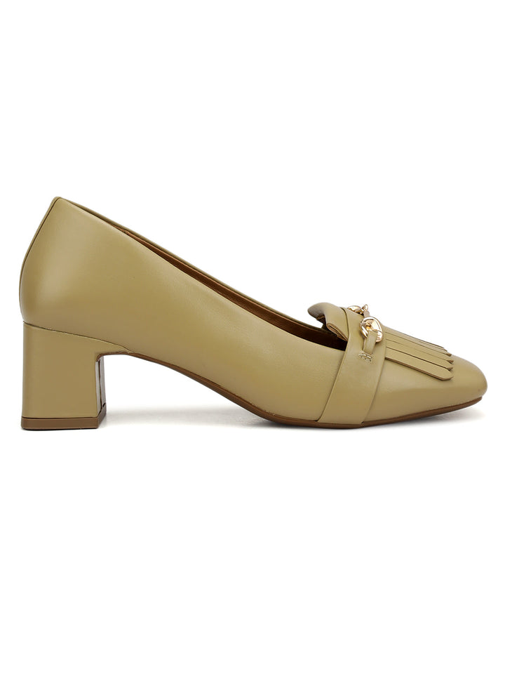 Beige Block Heels With Buckle