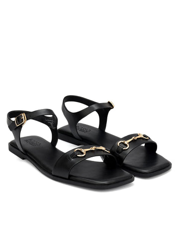 Black Horsebit Back Strap Flats