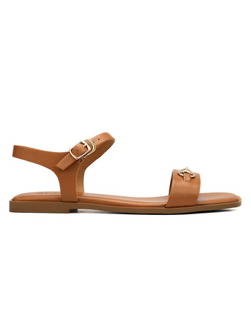 Tan Horsebit Back Strap Flats