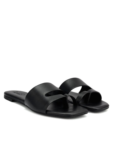 Black Leather Open Toe Flats