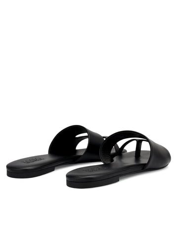 Black Leather Open Toe Flats