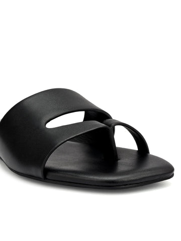 Black Leather Open Toe Flats