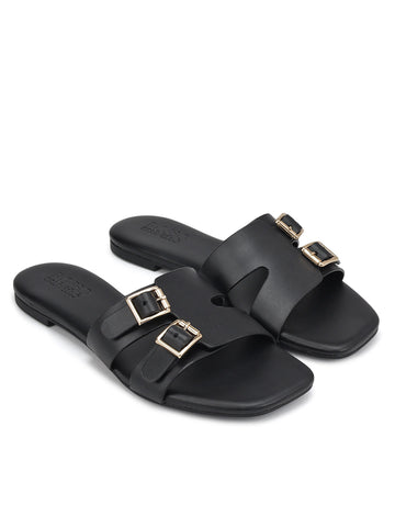 Black Double Buckle Flats