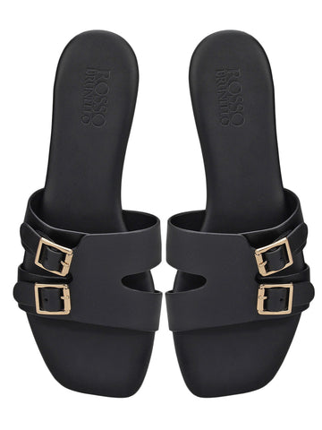 Black Double Buckle Flats