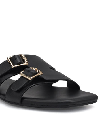 Black Double Buckle Flats
