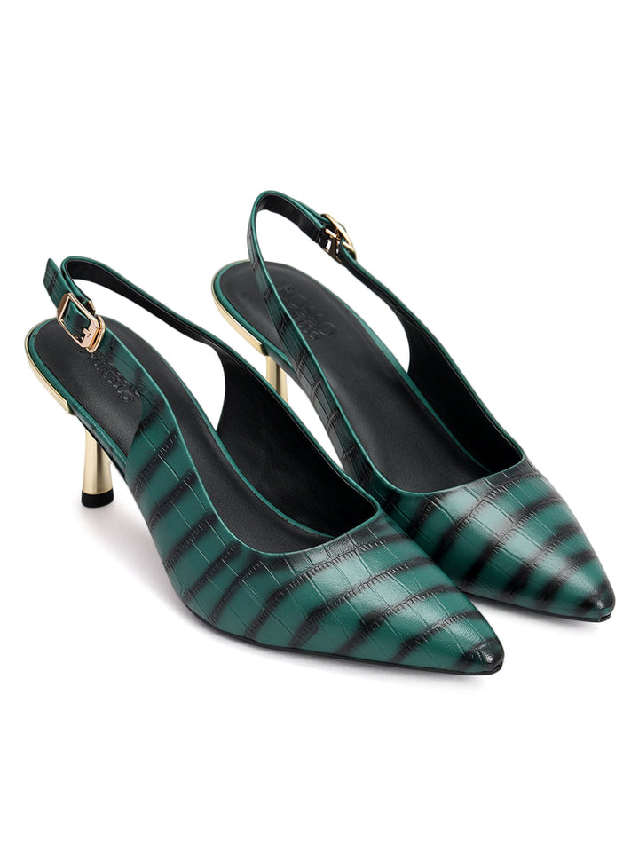 Green Croco Textured Slingback Heels