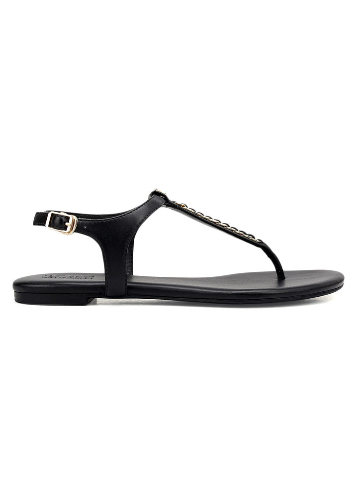 Black T-Strap Leather Flats