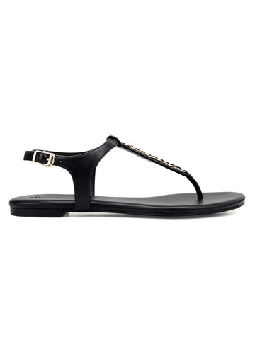 Black T-Strap Leather Flats