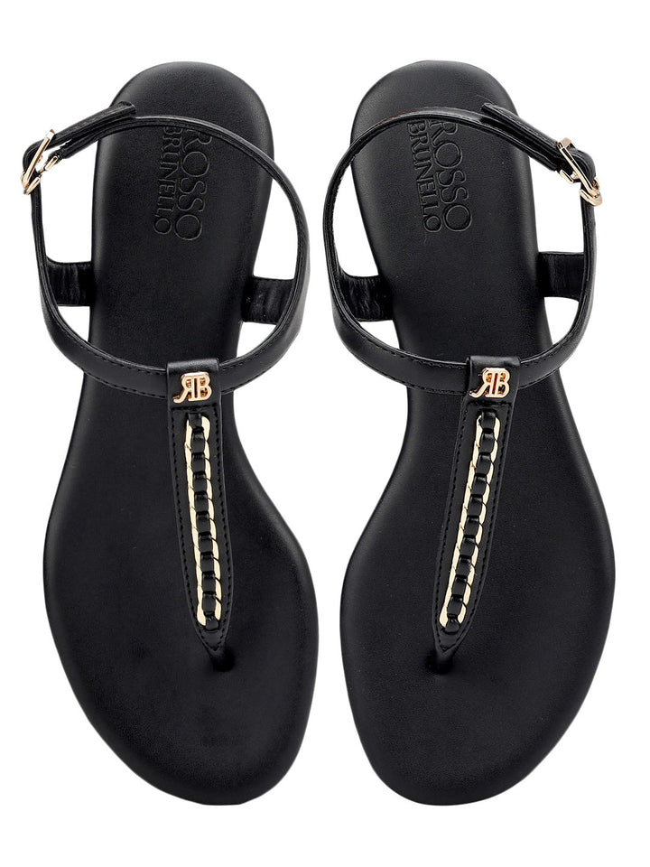 Black T-Strap Leather Flats