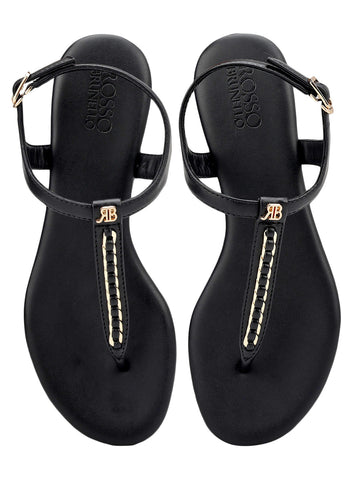 Black T-Strap Leather Flats