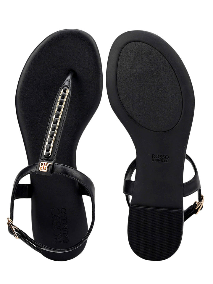 Black T-Strap Leather Flats