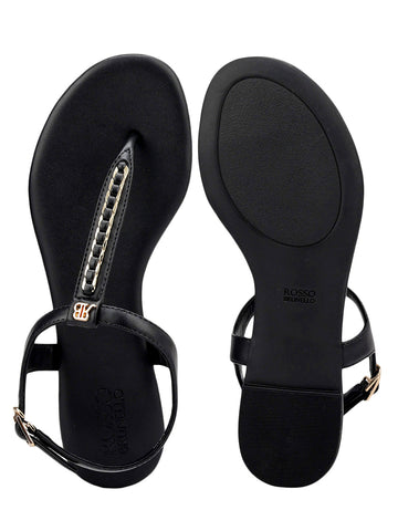 Black T-Strap Leather Flats