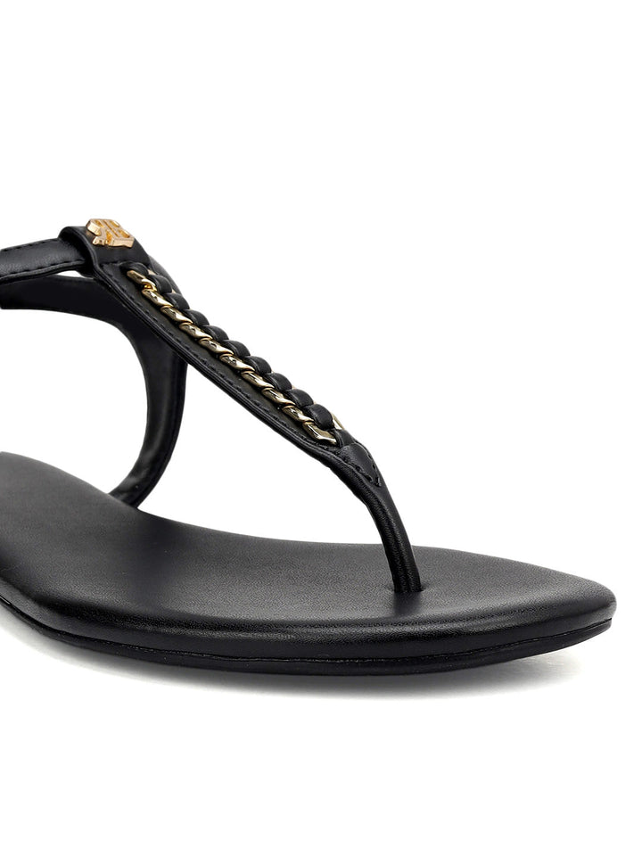 Black T-Strap Leather Flats
