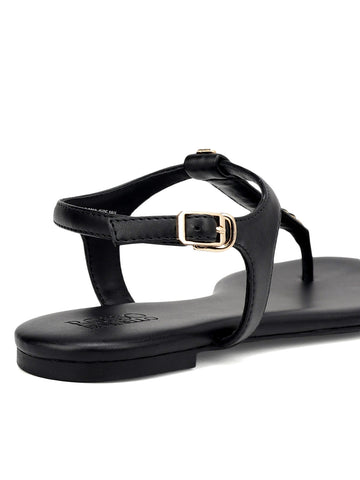 Black T-Strap Leather Flats