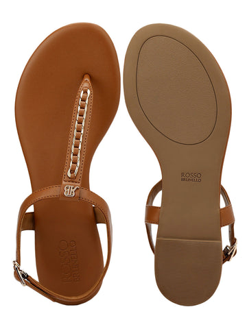 Tan T-Strap Leather Flats